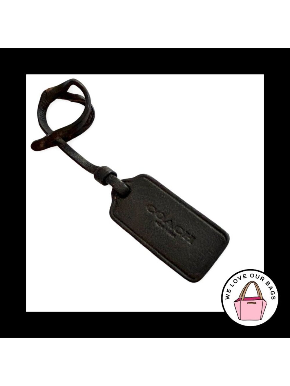 COACH NEW YORK Hang Tag Black Blue Leather Strap Loop Bag Charm Keychain Fob